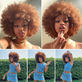 HIHOO 70s large short afro wig on model with retro vibe.