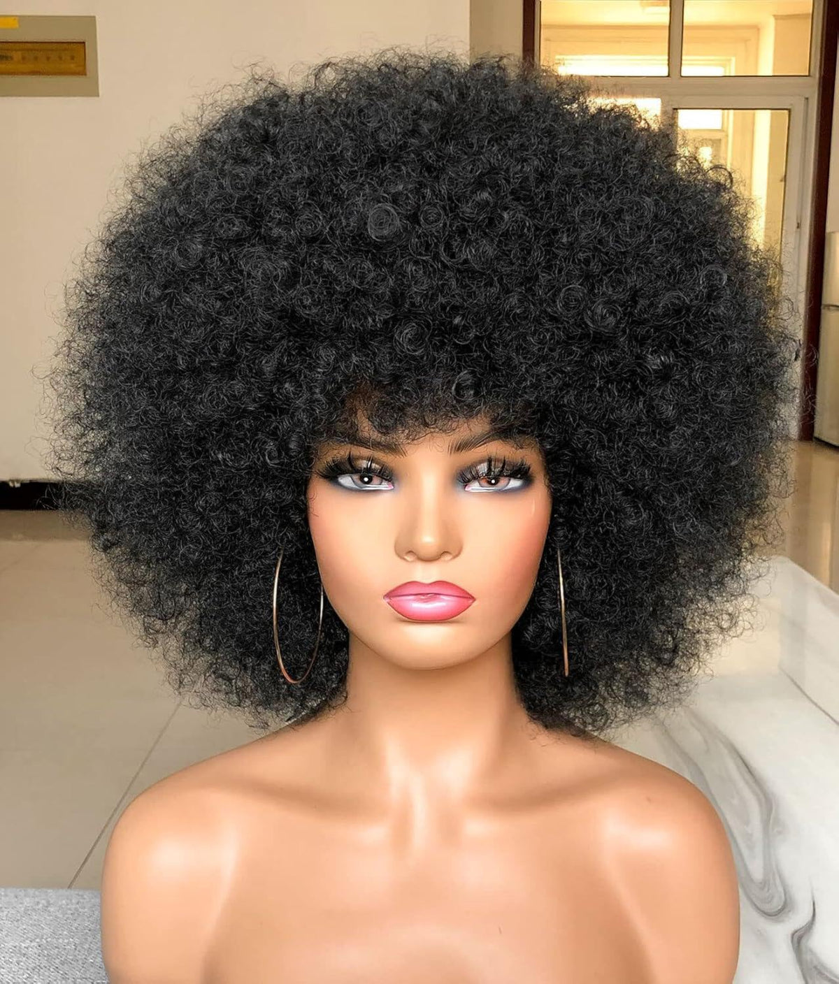 HIHOO short Afro wig with bangs front view for natural daily styling