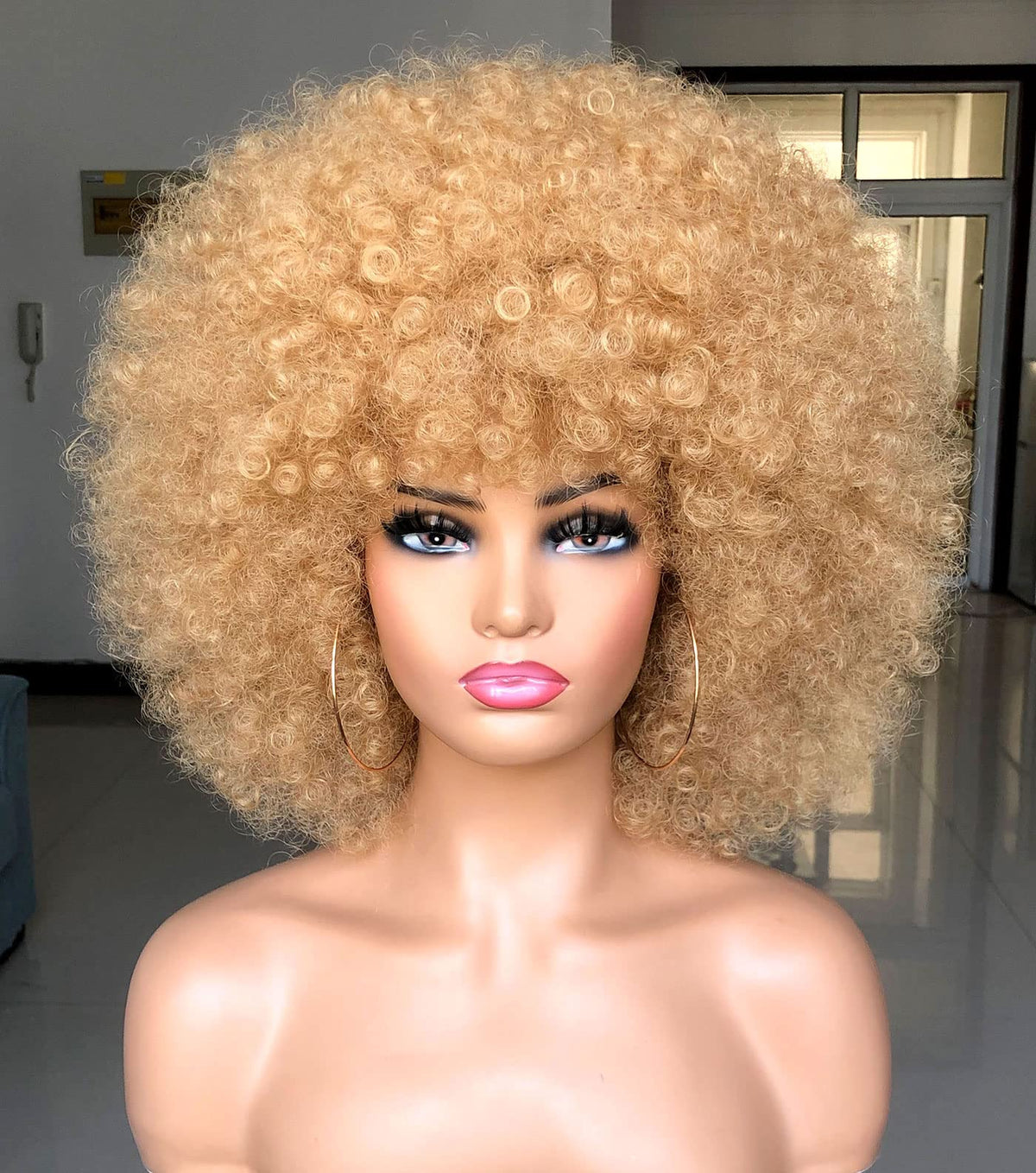HIHOO short Afro wig blonde bangs, breathable cap, natural look for daily wear.
