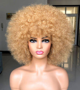 HIHOO short Afro wig blonde bangs, breathable cap, natural look for daily wear.