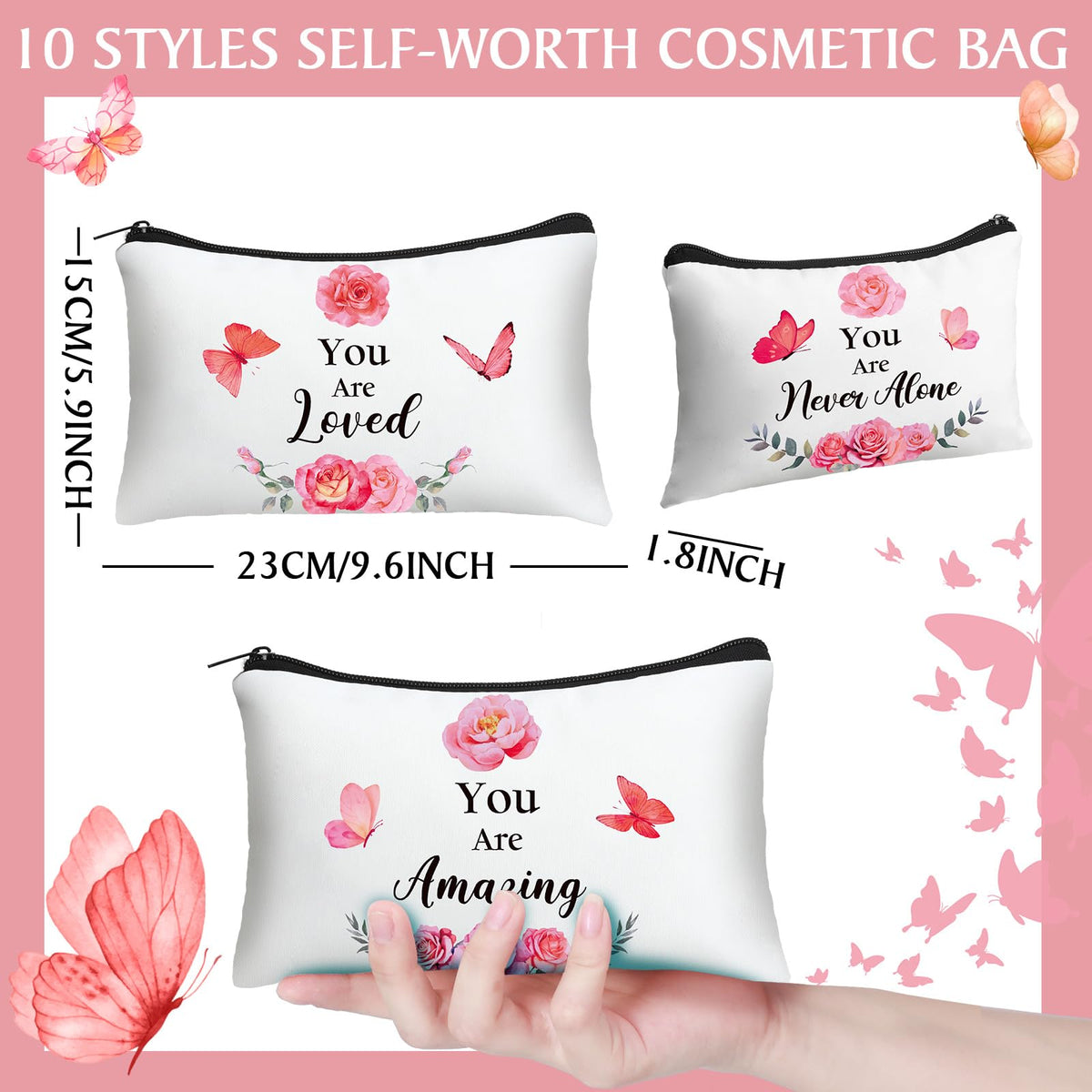 Hillban floral pattern canvas cosmetic bag close-up showing inspirational words