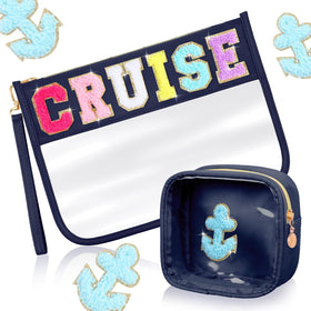 Hillban chenille letter bag with cruise design for secure makeup storage.