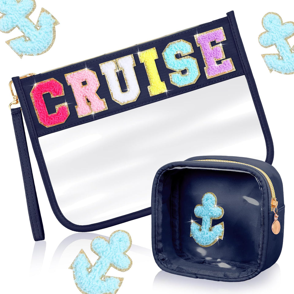 Hillban chenille letter bag with cruise design for secure makeup storage.