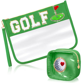 Hillban cosmetic bag with chenille letter patch; waterproof and travel-ready.