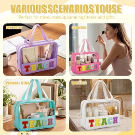 Hillban TEACH clear tote with blue patch for travel and school use.