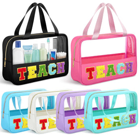 Hillban TEACH clear tote with green chenille patch for organized classroom supplies.