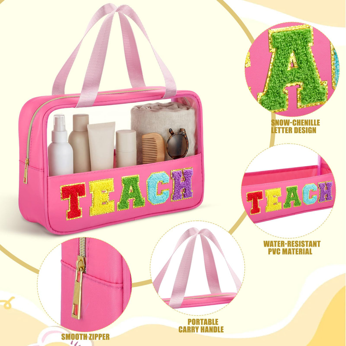 Hillban TEACH clear tote with pink patch for gym essentials and easy visibility.