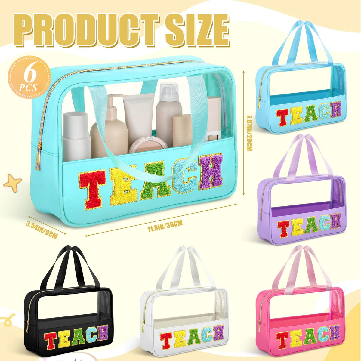 Hillban TEACH clear tote with white patch ideal for cosmetics on the go.
