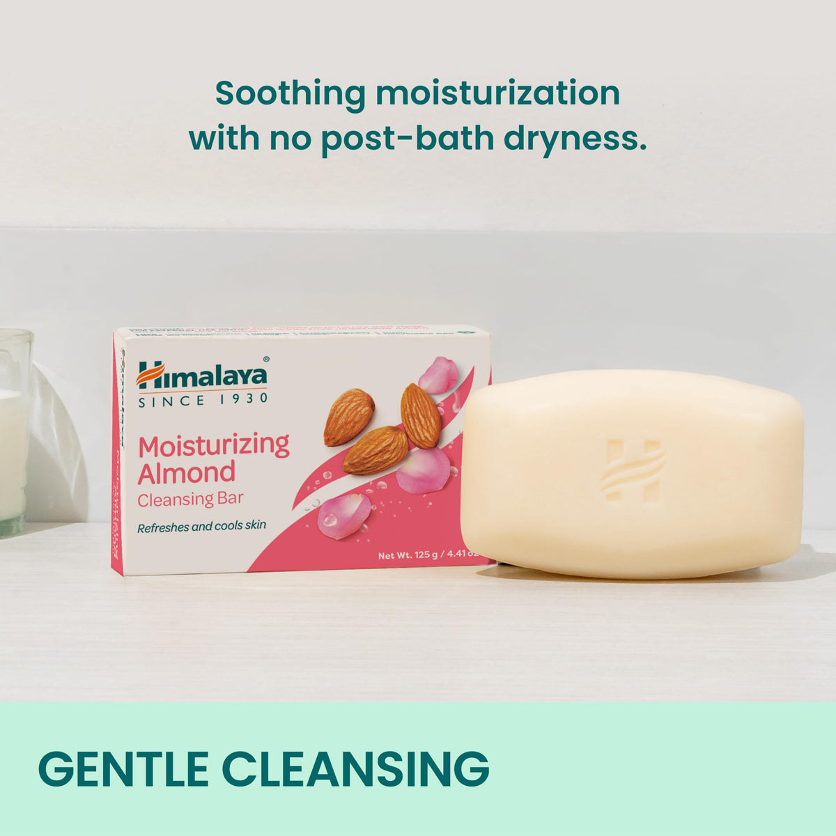 Himalaya Moisturizing Almond Cleansing Bar in the shower with a soap-free formula.