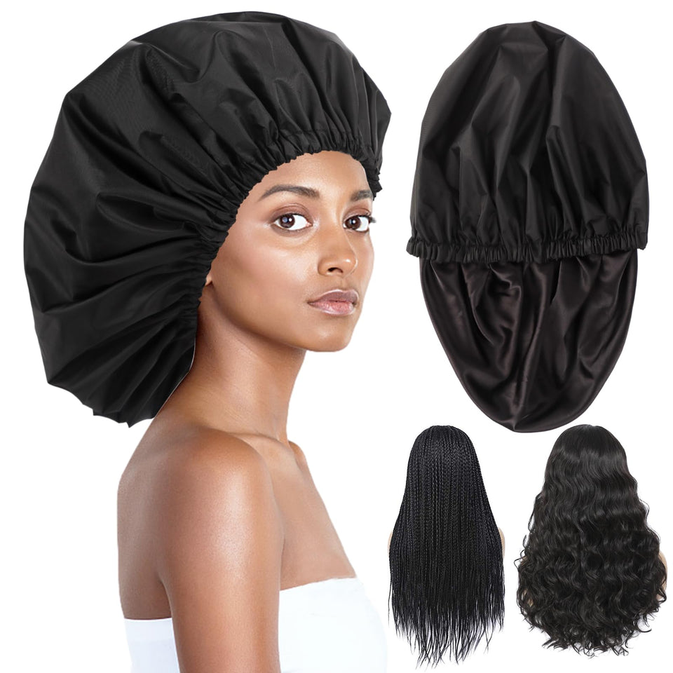 Himoswis adjustable XL black shower cap with waterproof outer layer protects long hair.