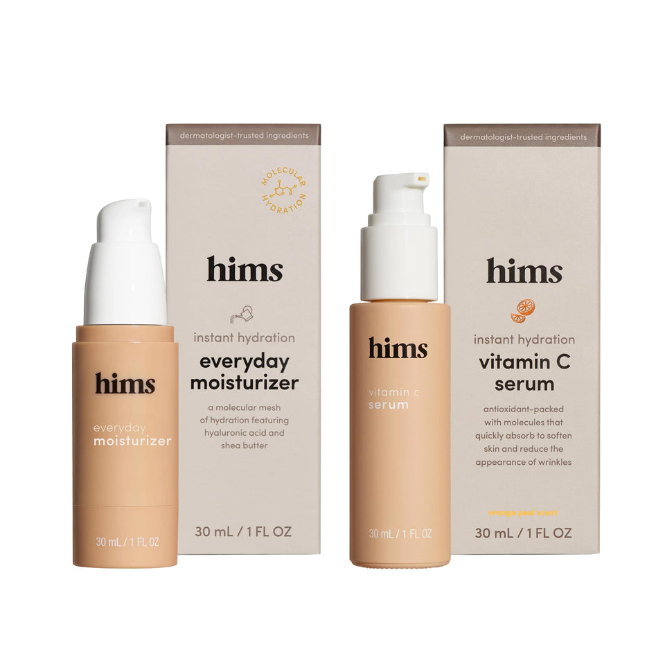 hims Everyday Moisturizer bottle pump keeps skin hydrated and ready for the day.