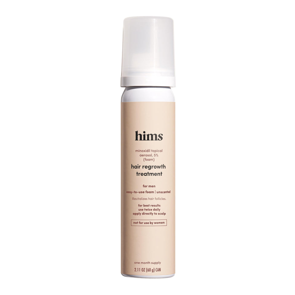 Hims & Hers Minoxidil 5% foam bottle ready for daily scalp care