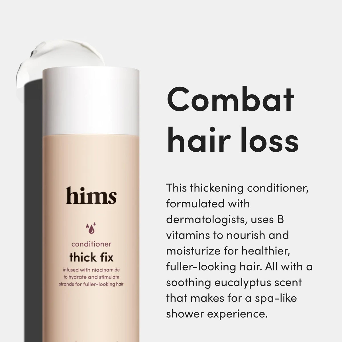 hims Thick Fix conditioner being applied to lengths for smoother, shinier hair.