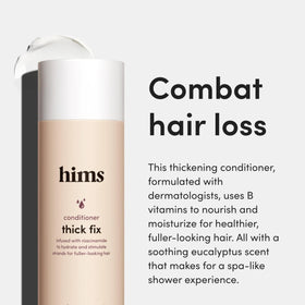 hims Thick Fix conditioner being applied to lengths for smoother, shinier hair.