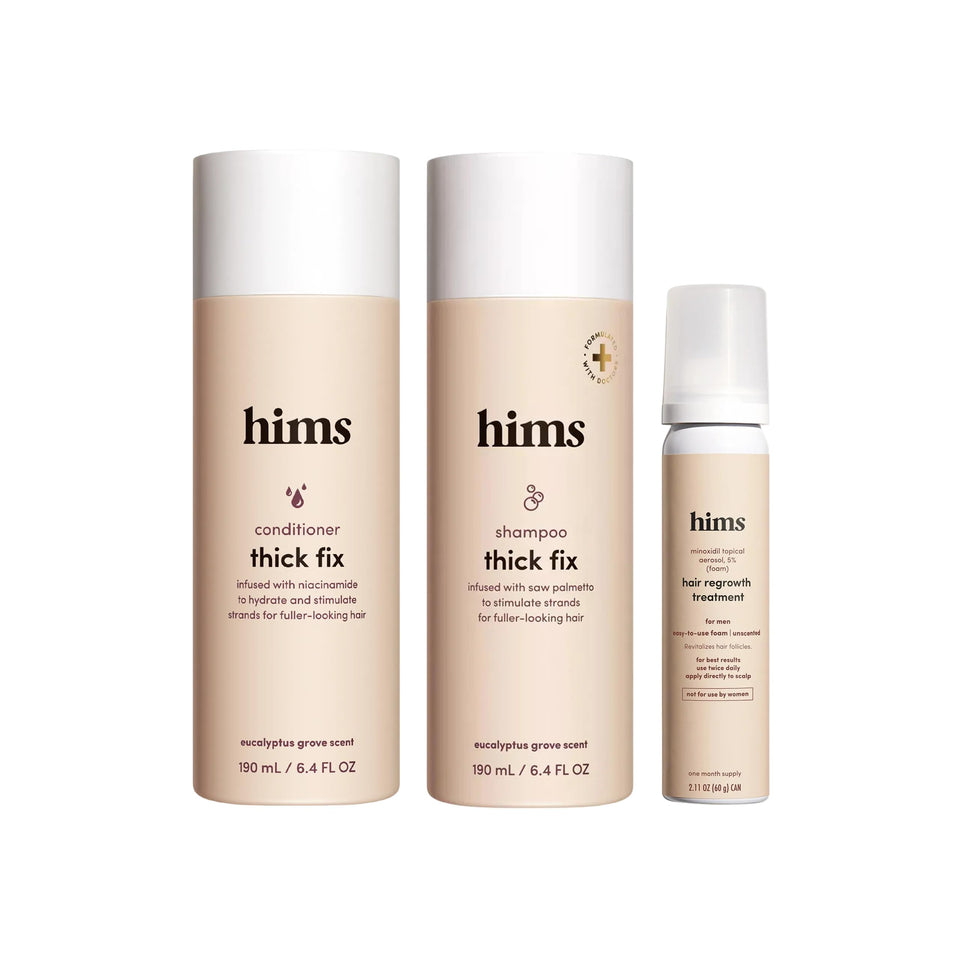 hims Thick Fix shampoo bottle showing brand name with inviting daily cleansing benefit.