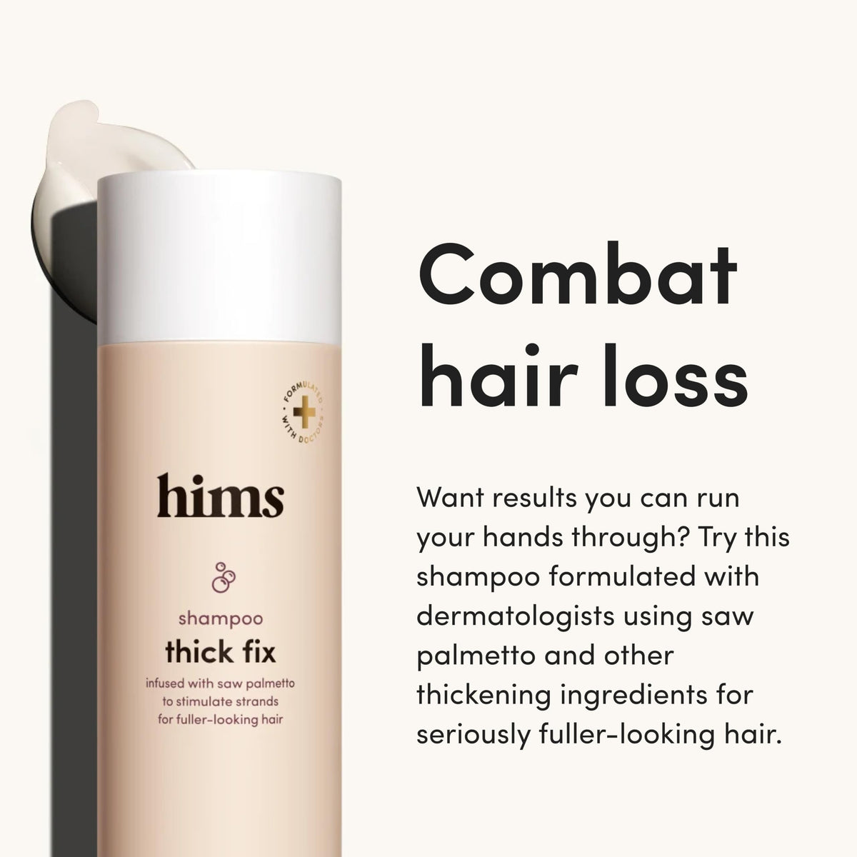 hims Thick Fix shampoo pour shot highlighting refreshing eucalyptus scent and scalp cleansing.