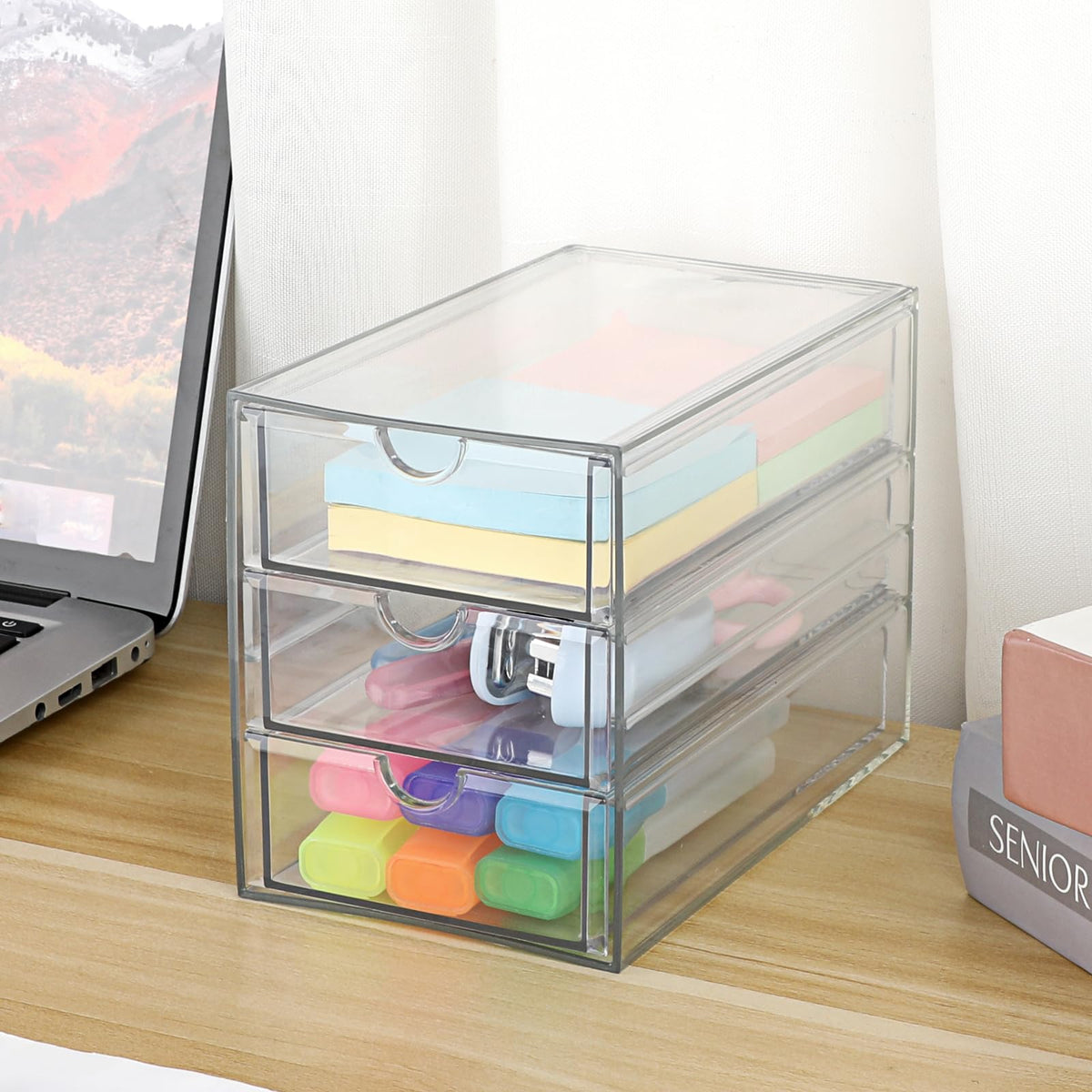 Hipiwe clear acrylic desktop box with contents visible for quick access.