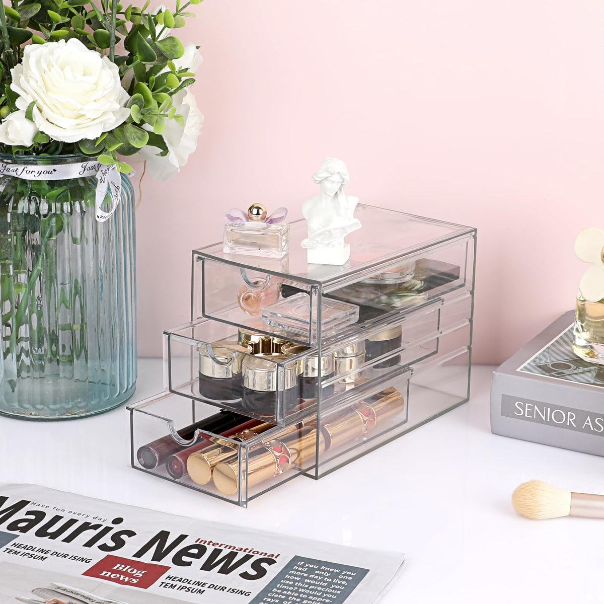 Hipiwe stackable acrylic storage box saving desk space while organizing supplies.
