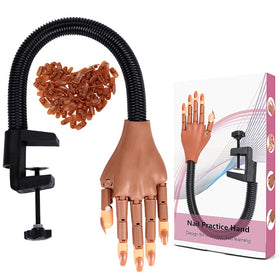Hirido practice hand for acrylic nails shown at an angle for realistic training results.