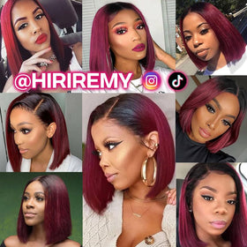 HIRIREMY burgundy bob wig close-up reveals smooth texture