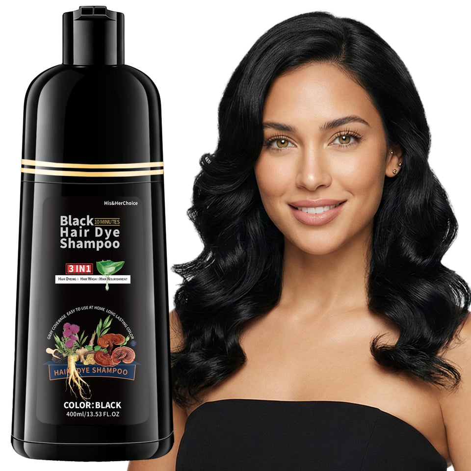 HIS&HERCHOICE black hair dye shampoo bottle showing at-home gray coverage option