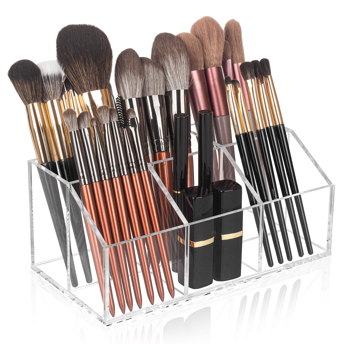 Hisize clear makeup brush holder with six slots keeps brushes organized and easy to access.