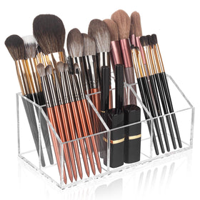 Hisize clear makeup brush holder with six slots keeps brushes organized and easy to access.
