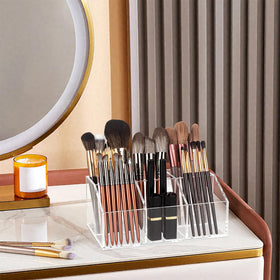 Hisize six-compartment storage for makeup tools keeps brushes and pencils neatly separated.