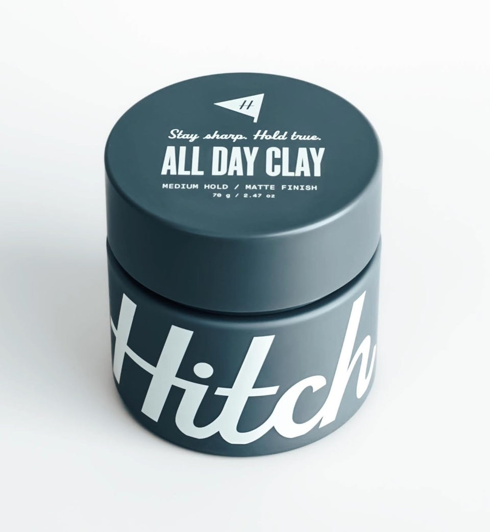 Hitch All Day Clay packaging shows clean design and versatile hold for all hair types.