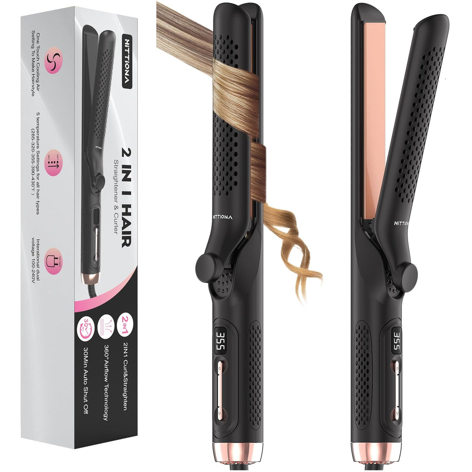 HITTIONA 360° airflow styler demonstrates versatile straightening and curling in a single tool.