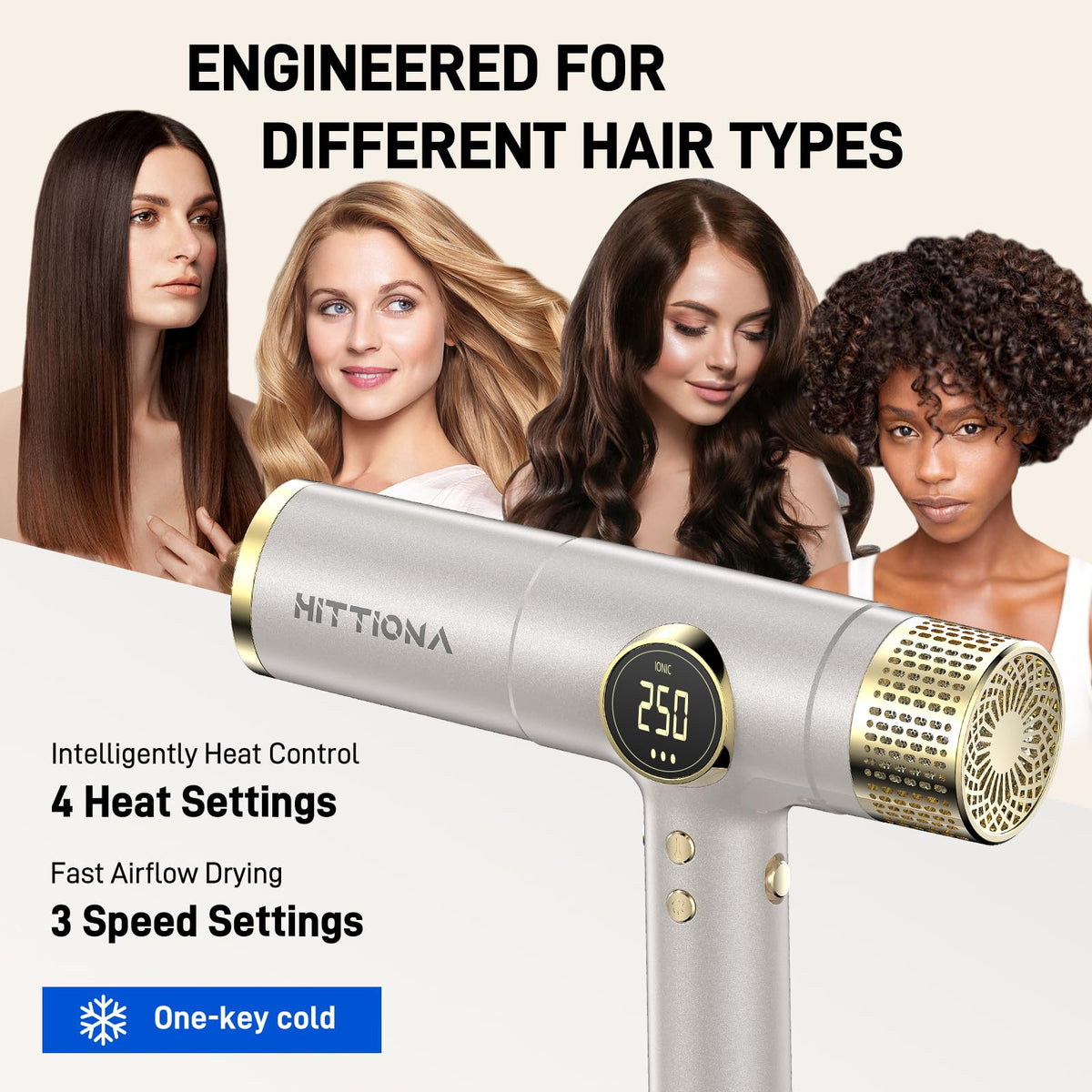 HITTIONA infrared hair dryer control panel demonstrates customizable heat and speed settings for style flexibility.