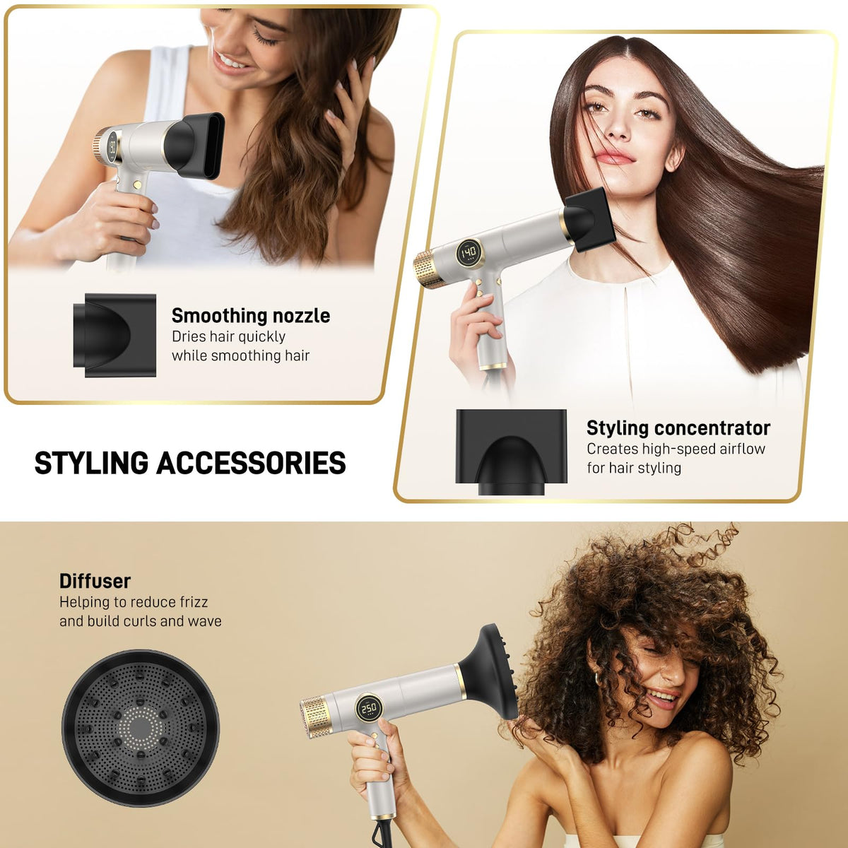 HITTIONA infrared hair dryer with diffuser attached enables smooth styling and frizz control.