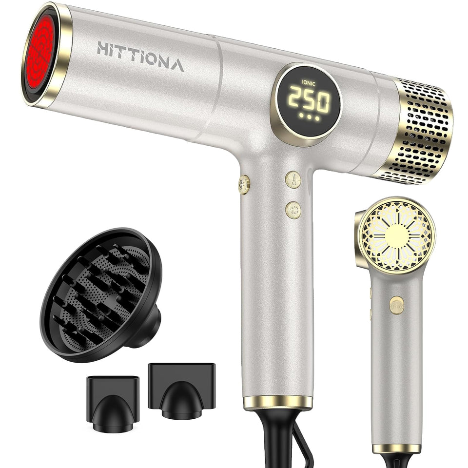 HITTIONA infrared hair dryer front view shows compact, lightweight design for easy daily use.