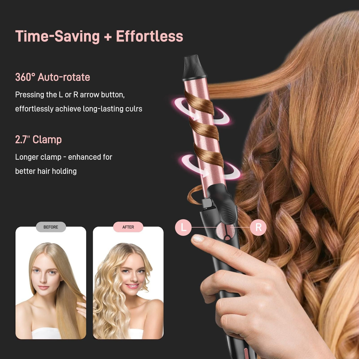 Hittiona rotating curling iron 1.25-inch barrel yields beachy waves for long hair
