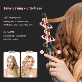 Hittiona rotating curling iron 1.25-inch barrel yields beachy waves for long hair