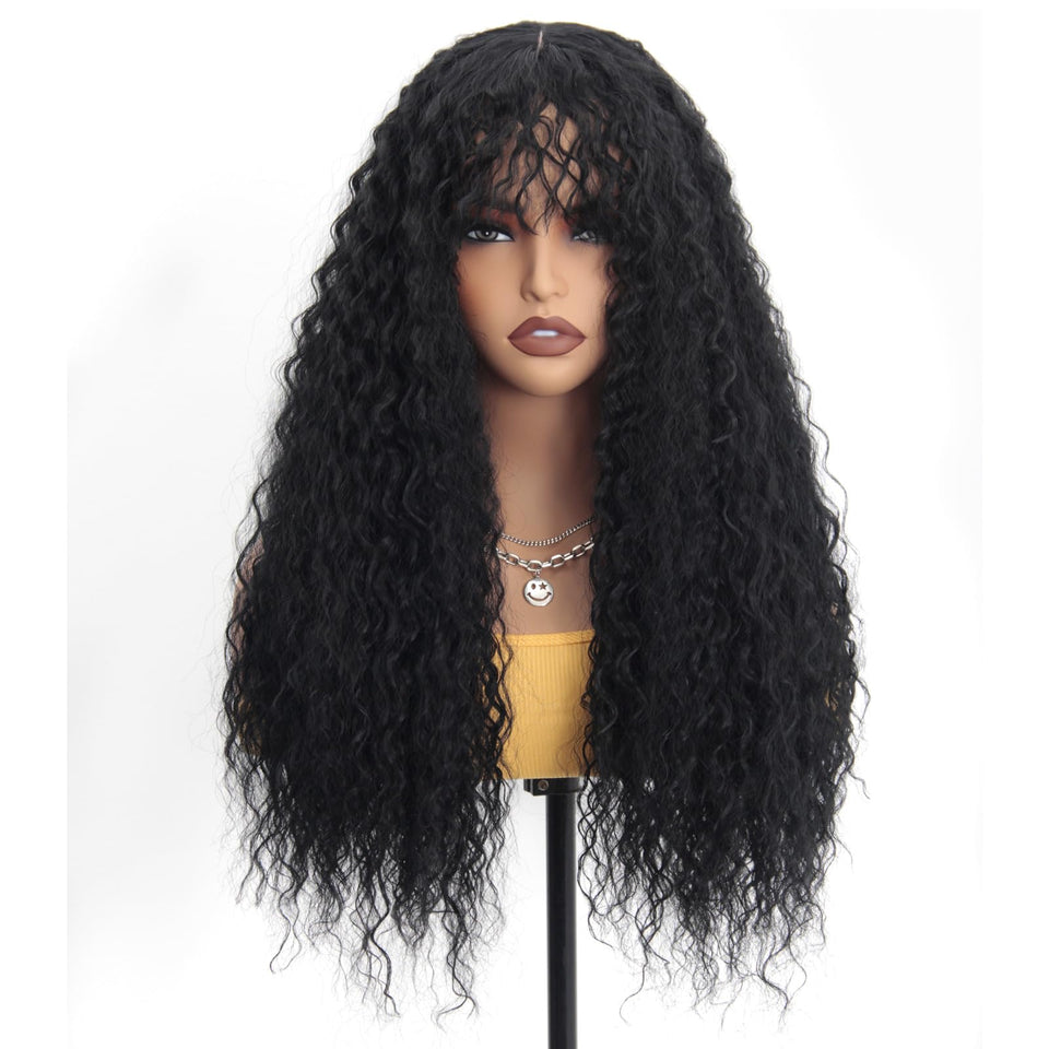 HiTuMyPi black curly wig with bangs, 26 inch, for daily wear and events.