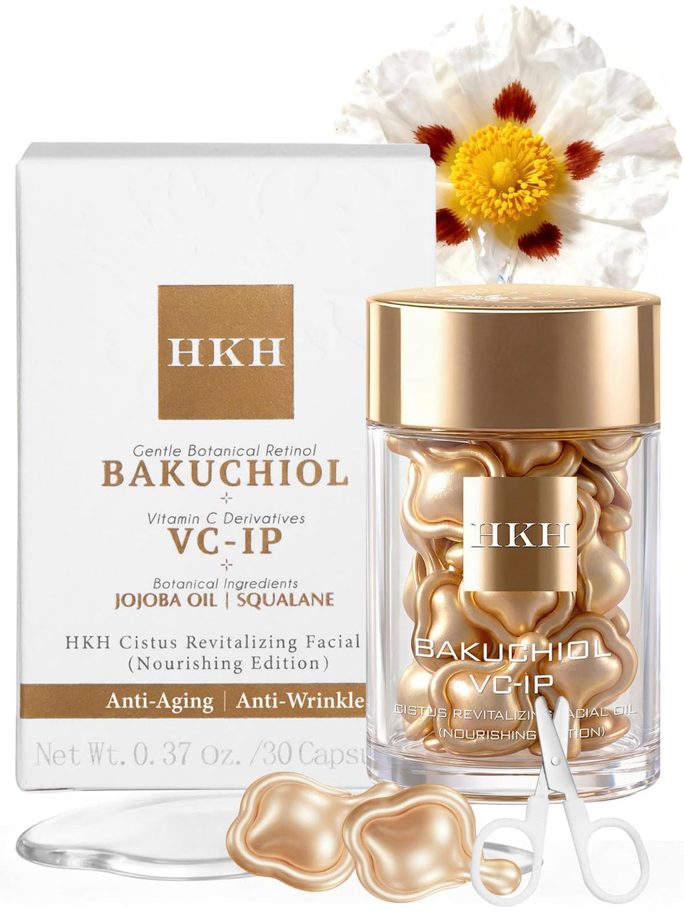 HKH Bakuchiol Retinol Serum bottle demonstrates gentle anti-aging for sensitive skin.