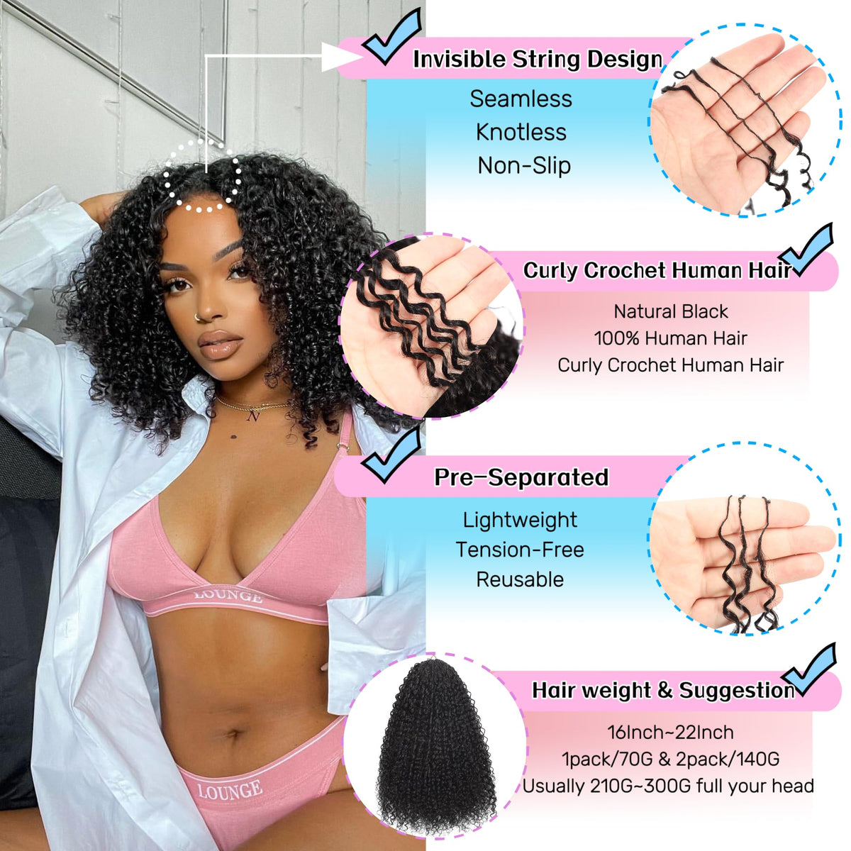 HLSK invisible string knotless finish shown on hair model