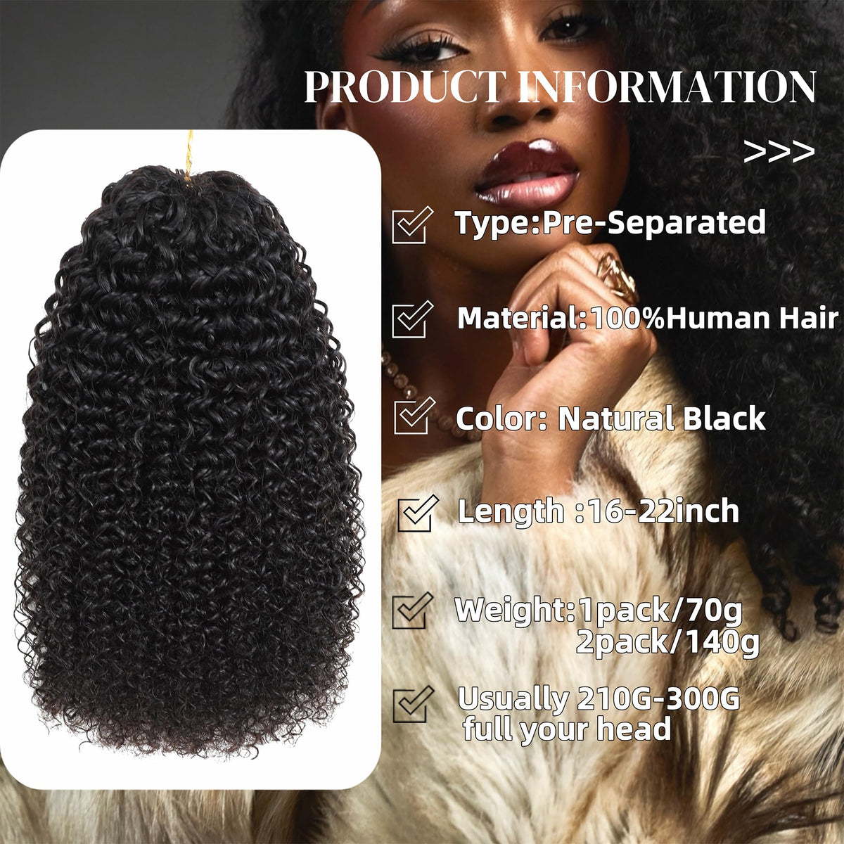 HLSK Kinky Curly Crochet Hair 140g with invisible pre-looped ends