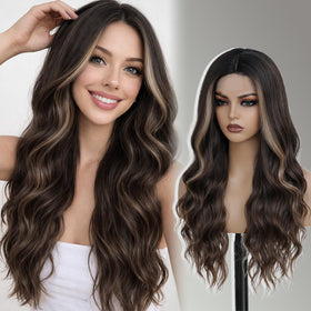 HMHIFI 26-inch brown highlight blonde wig with waves for daily wear
