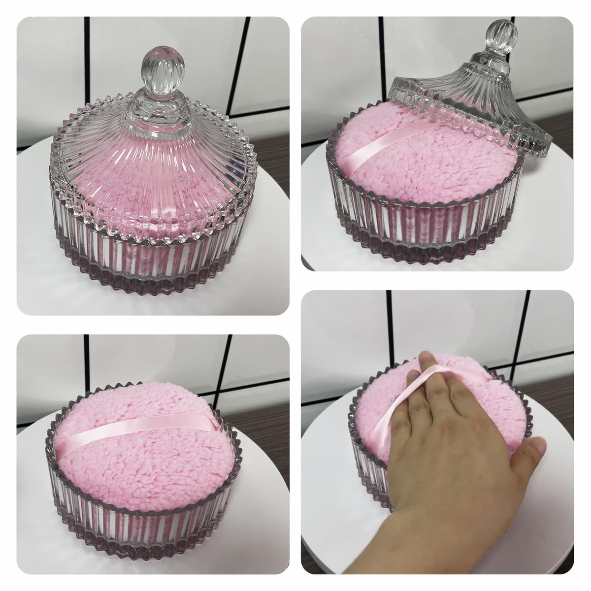 HMRCYTE vanity storage enhances dressing area with practical glass jar.
