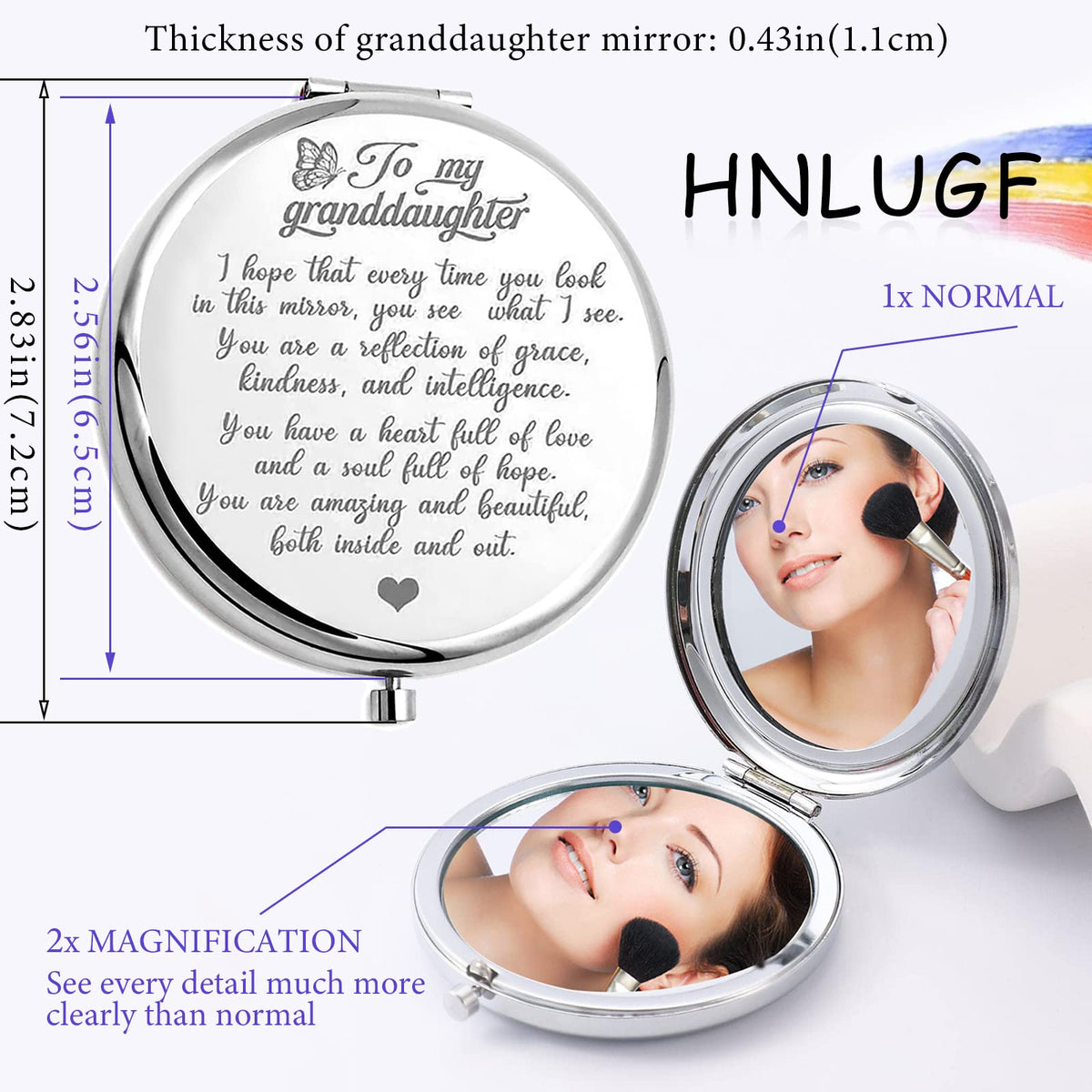 HNLUGF engraved lettering on the compact mirror adds a personal touch