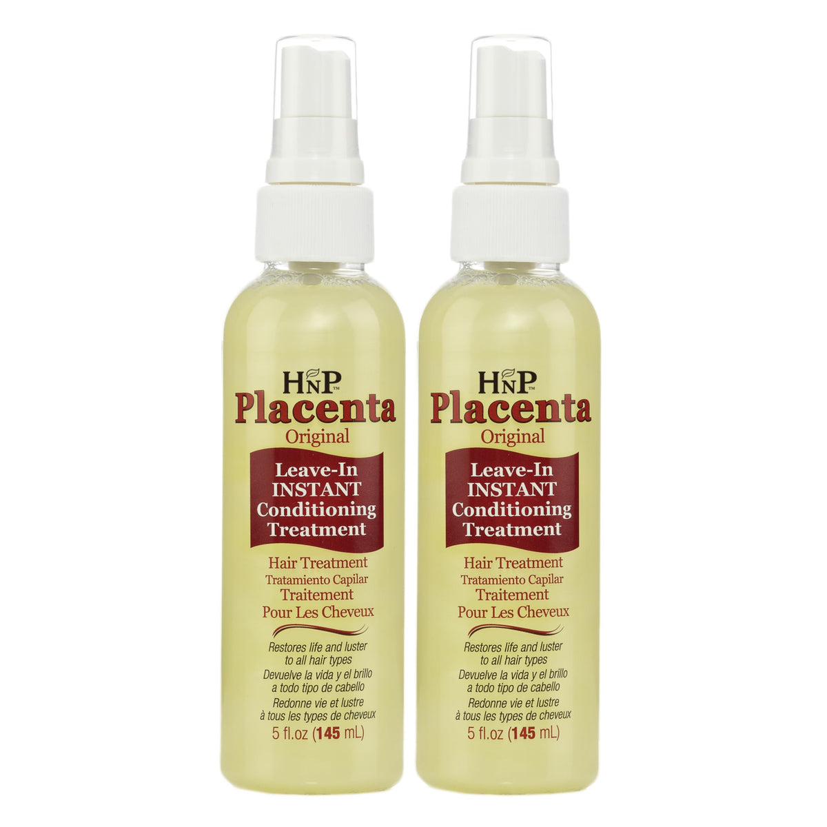 HNP Placenta Original leave-in conditioner pack shot with two 5 oz bottles for easy hydration