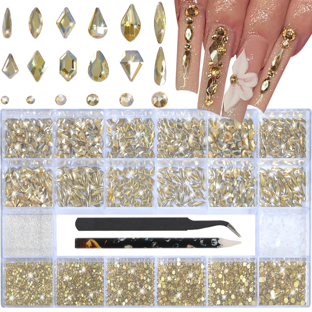 HNUIX Nail Rhinestones champagne gold multi-shape pack for dazzling nail designs.