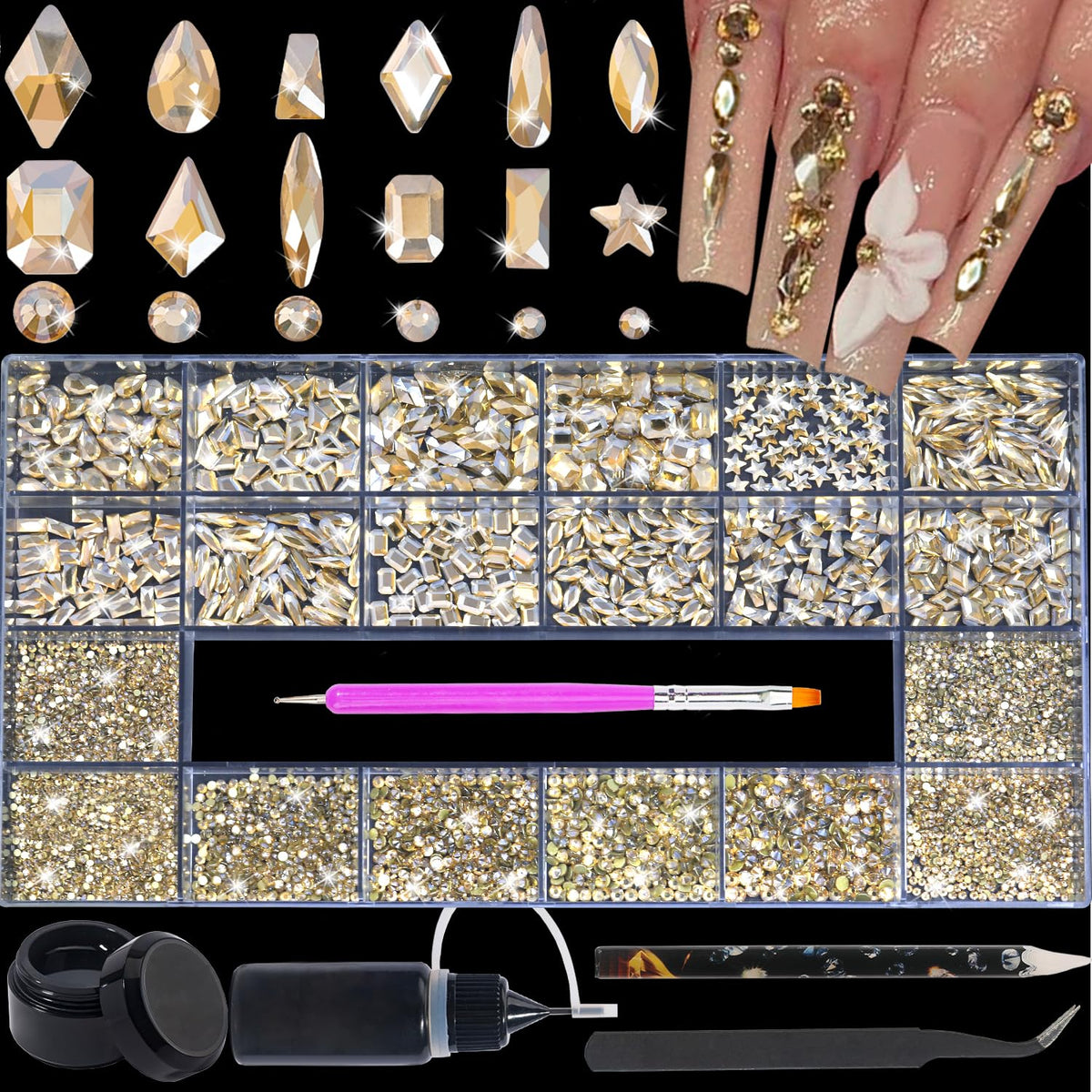 HNUIX Champagne gold rhinestones sparkle on nails for versatile nail art.