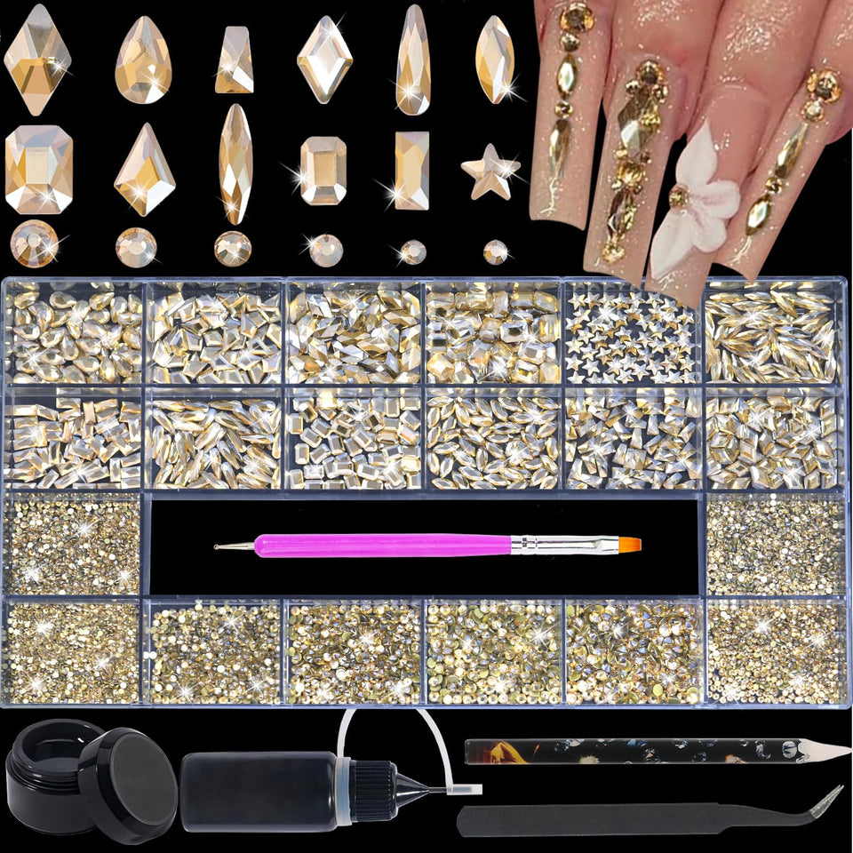 HNUIX Champagne gold rhinestones sparkle on nails for versatile nail art.