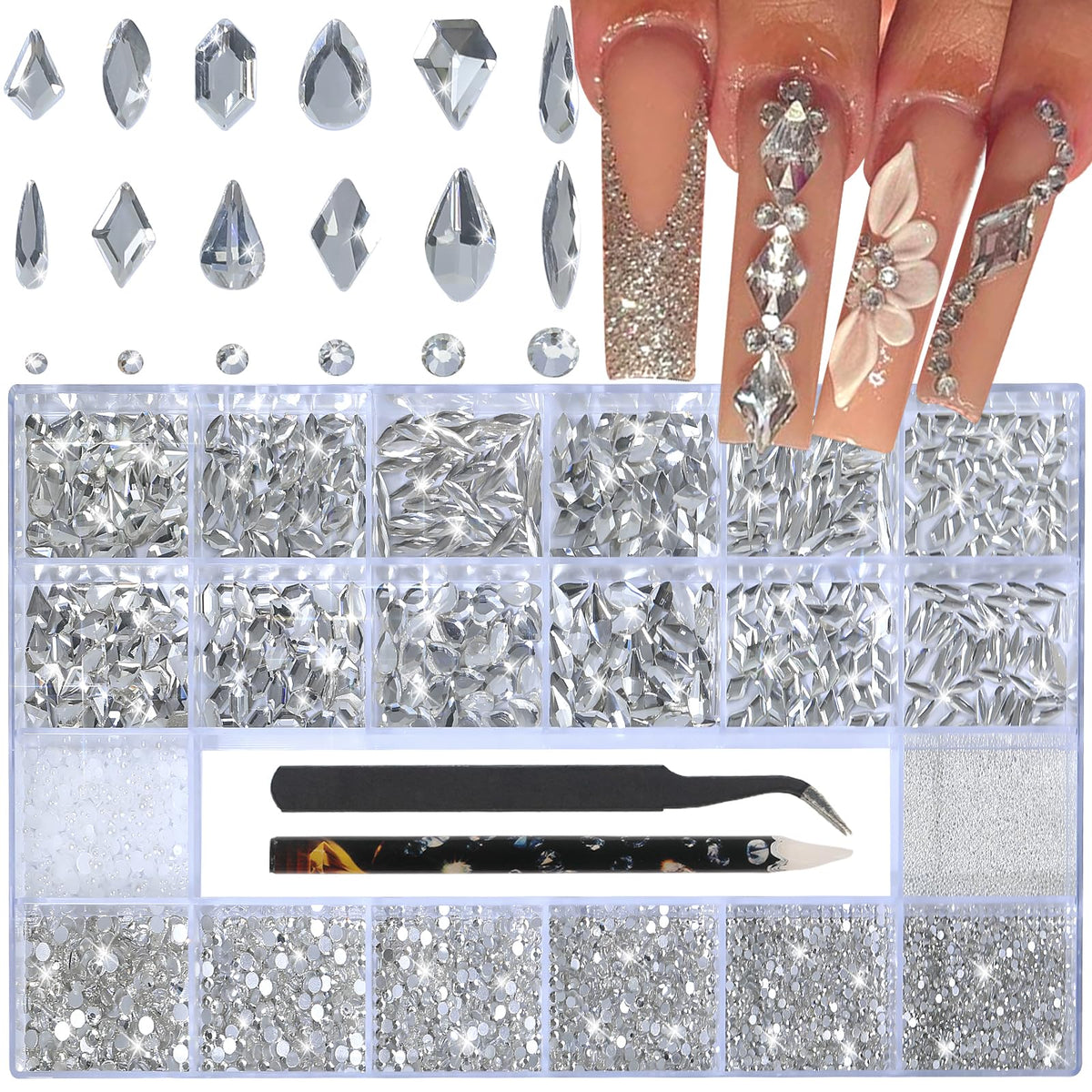 HNUIX white nail rhinestones kit with multi-shape gems for dazzling nail art sparkle