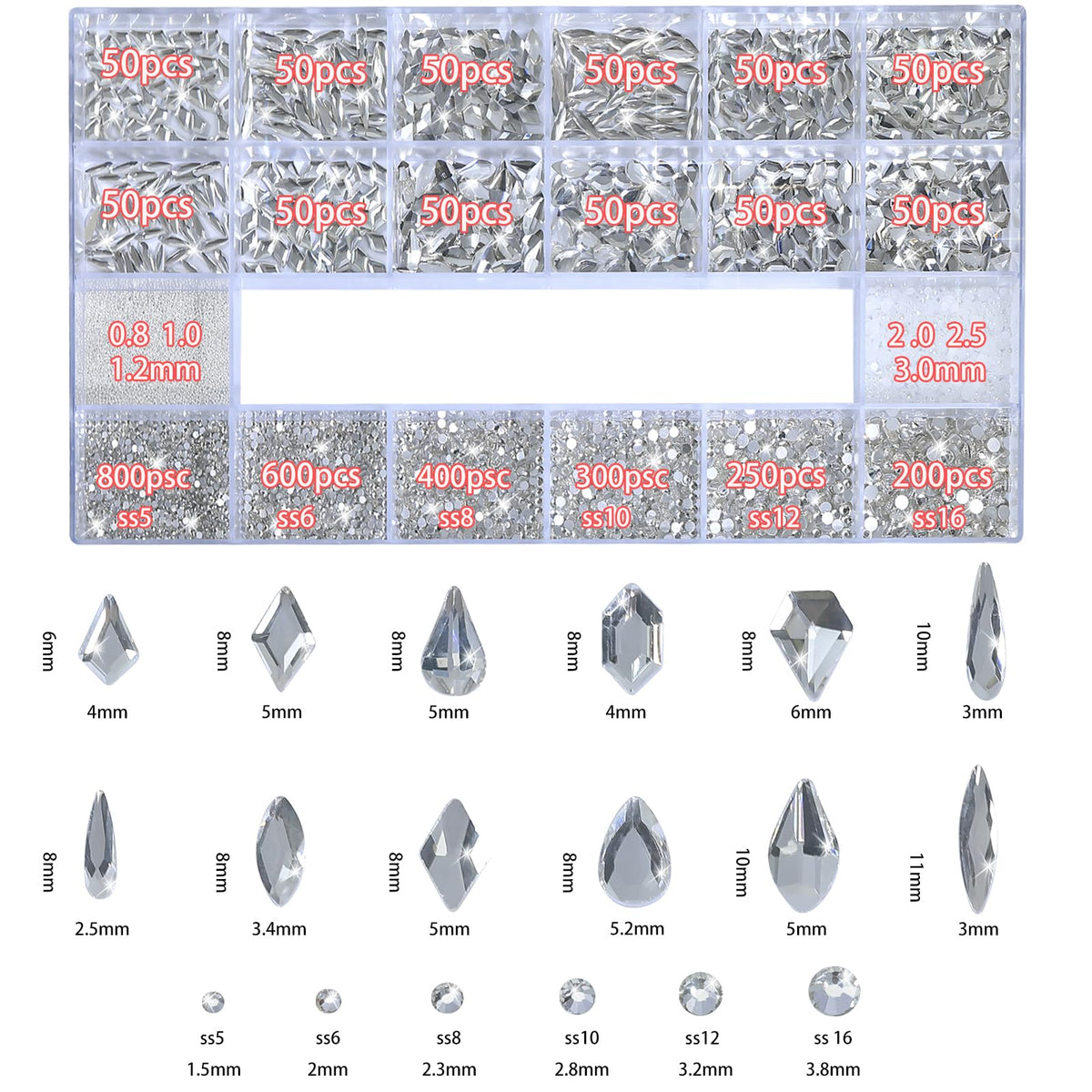 HNUIX six sizes of crystals help create varied nail designs with precision sparkle