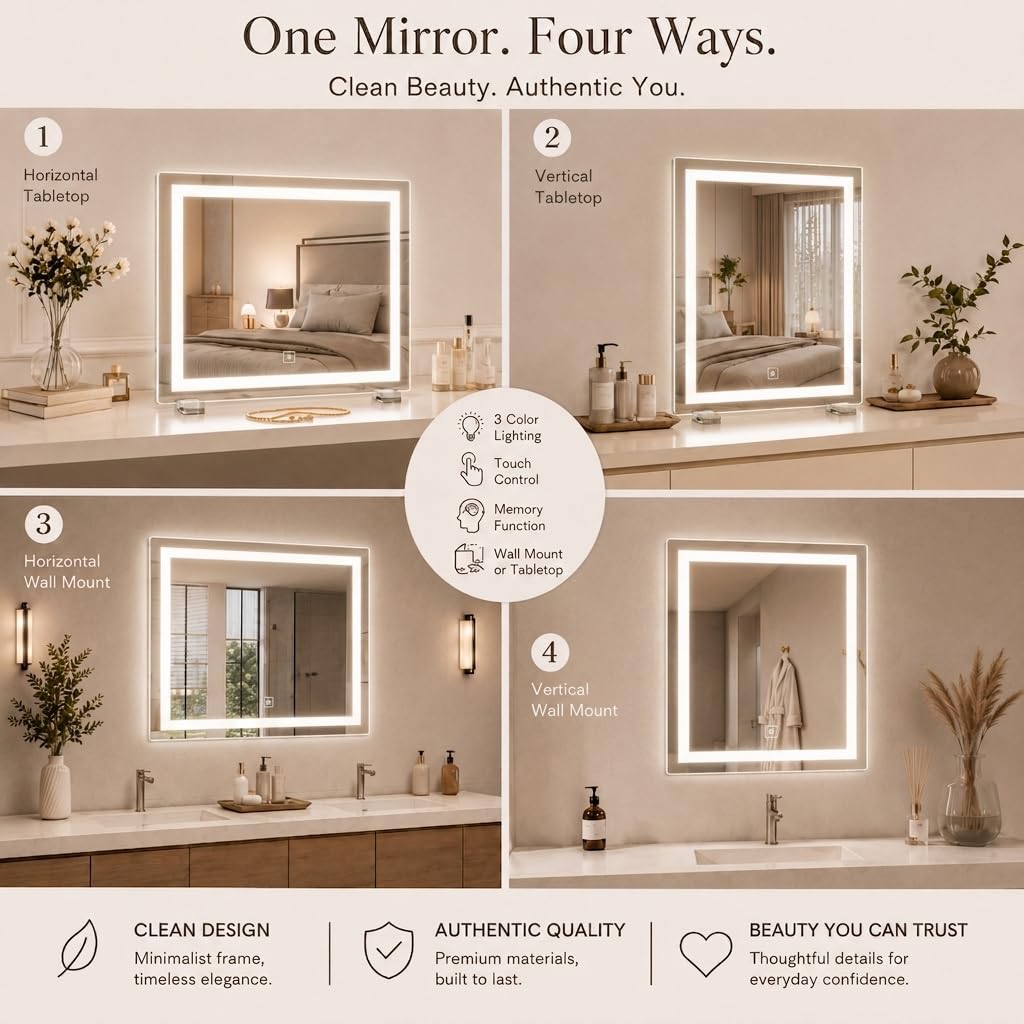 HNV 22x20 vanity mirror with 3-color dimmable light for day, natural, and office settings.