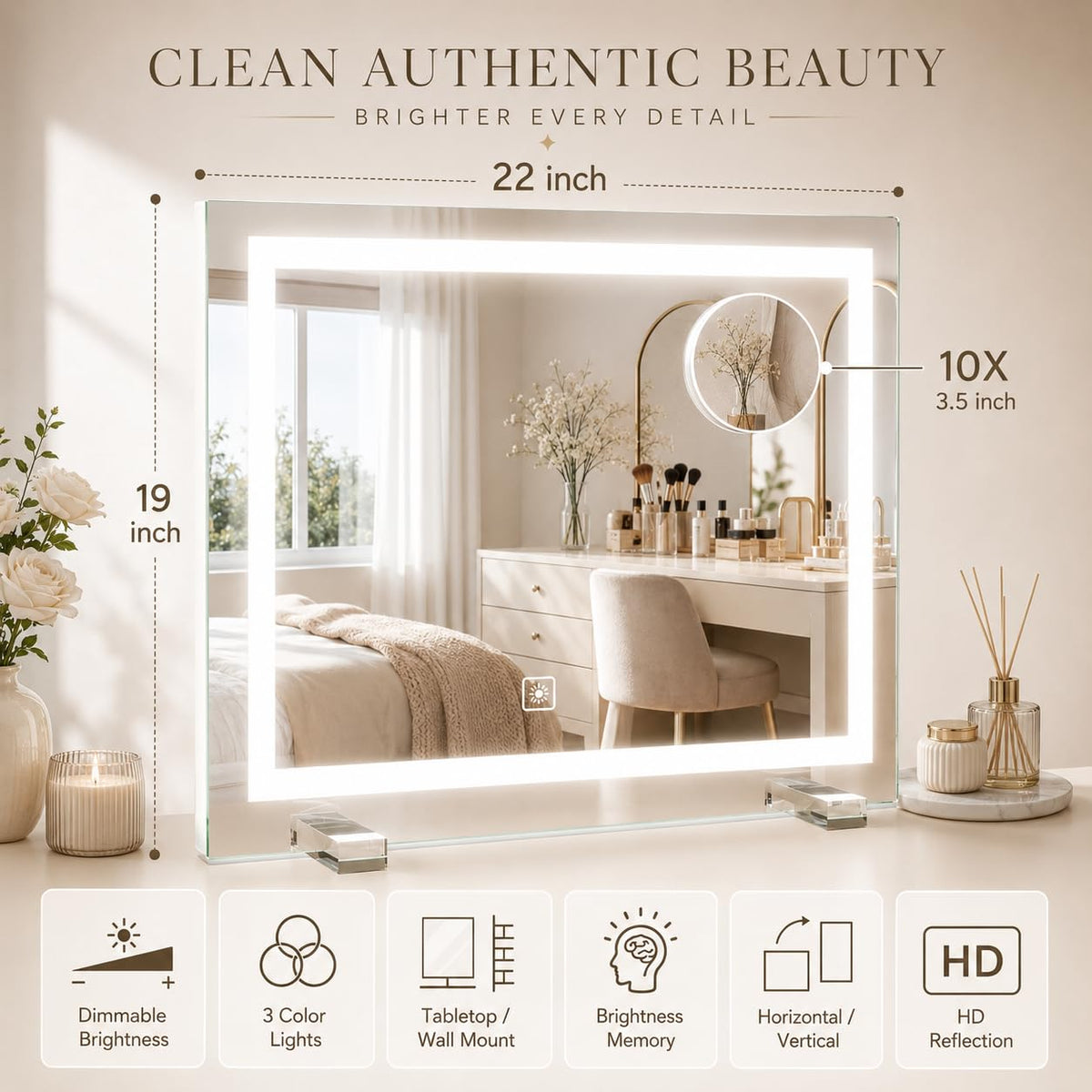 HNV vanity mirror with HD glass for distortion-free reflections during makeup.